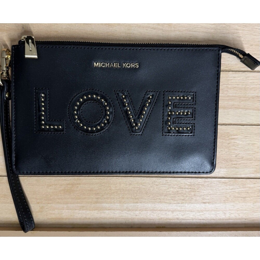 Michael Kors LOVE Studded Black Leather Wristlet Clutch Gold Tone 8x5